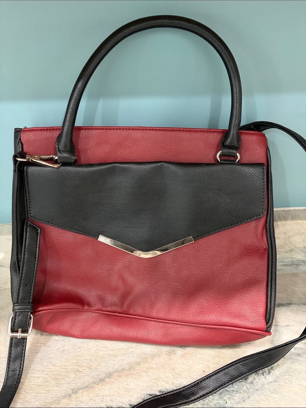 Black and Red Structured Satchel Handbag